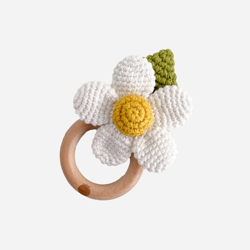 Cotton Crochet Rattle Teether Flower - White