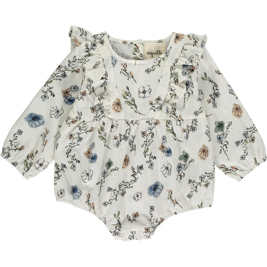 Jenny Bubble In Cream And Cool Ditsy Floral-OVERALLS & ROMPERS-Vignette-Joannas Cuties