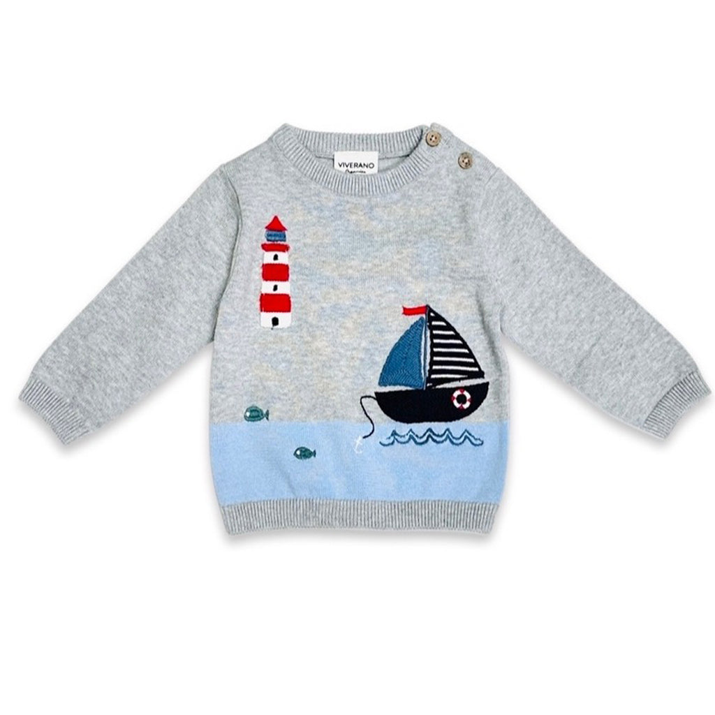 Lighthouse & Boat Embroidered Baby Knit Pullover
