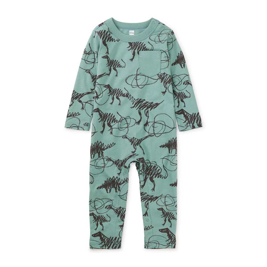 Long Sleeve Pocket Baby Romper - Scribbled Dinosaurs-OVERALLS & ROMPERS-Tea-Joannas Cuties