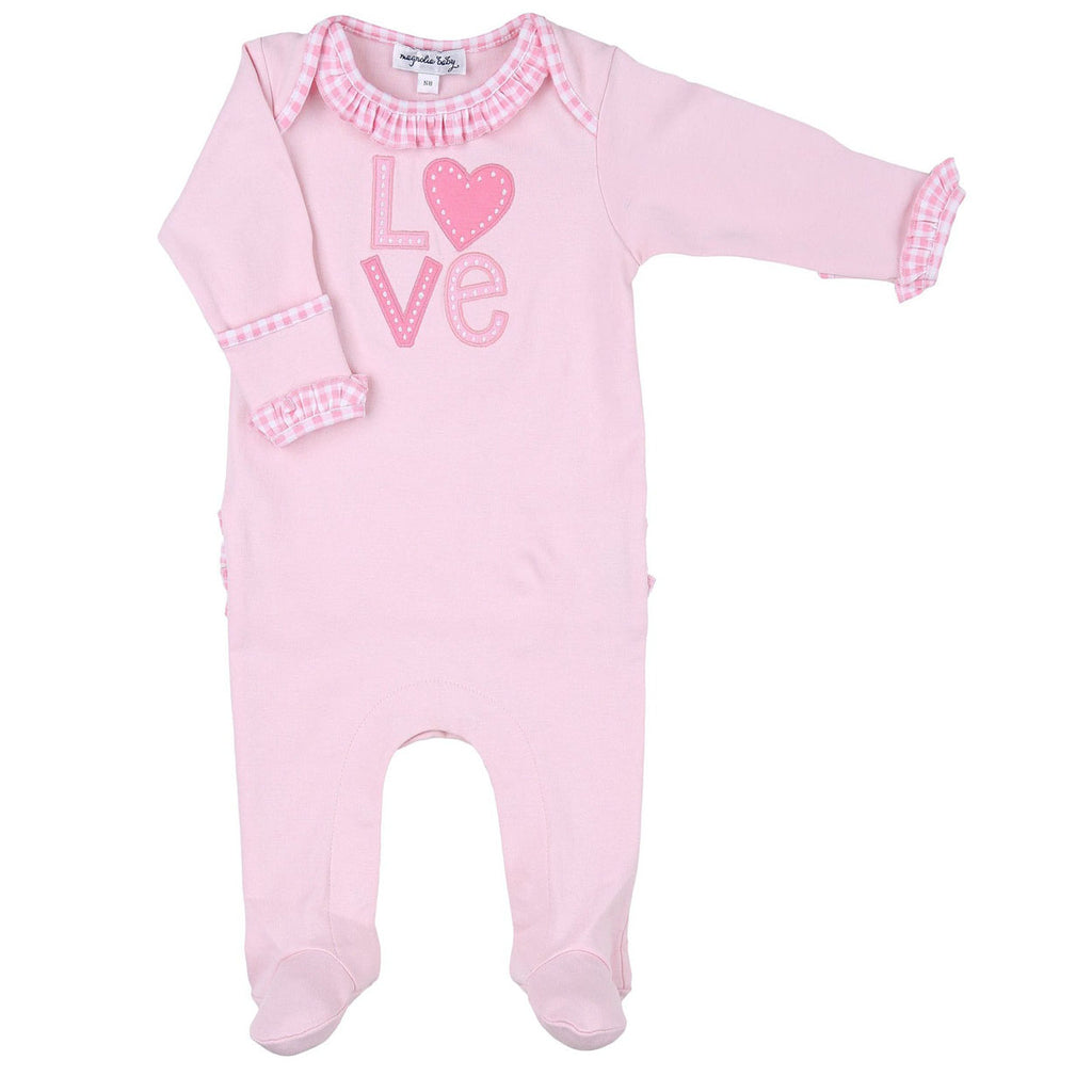 Love Applique Pink Zipper Footie-FOOTIES-Magnolia Baby-Joannas Cuties