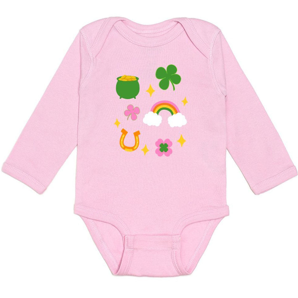 Lucky doodle St. Patrick's Day Long Sleeve Bodysuit - Pink-BODYSUITS-Sweet Wink-Joannas Cuties