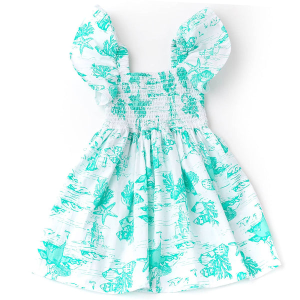 mermaid smocked dress Toile Cotton Girls Flutter Sleeve Color:MID OCEAN BLUE Long Sleeve Full Sheer Adler The perfect union of
