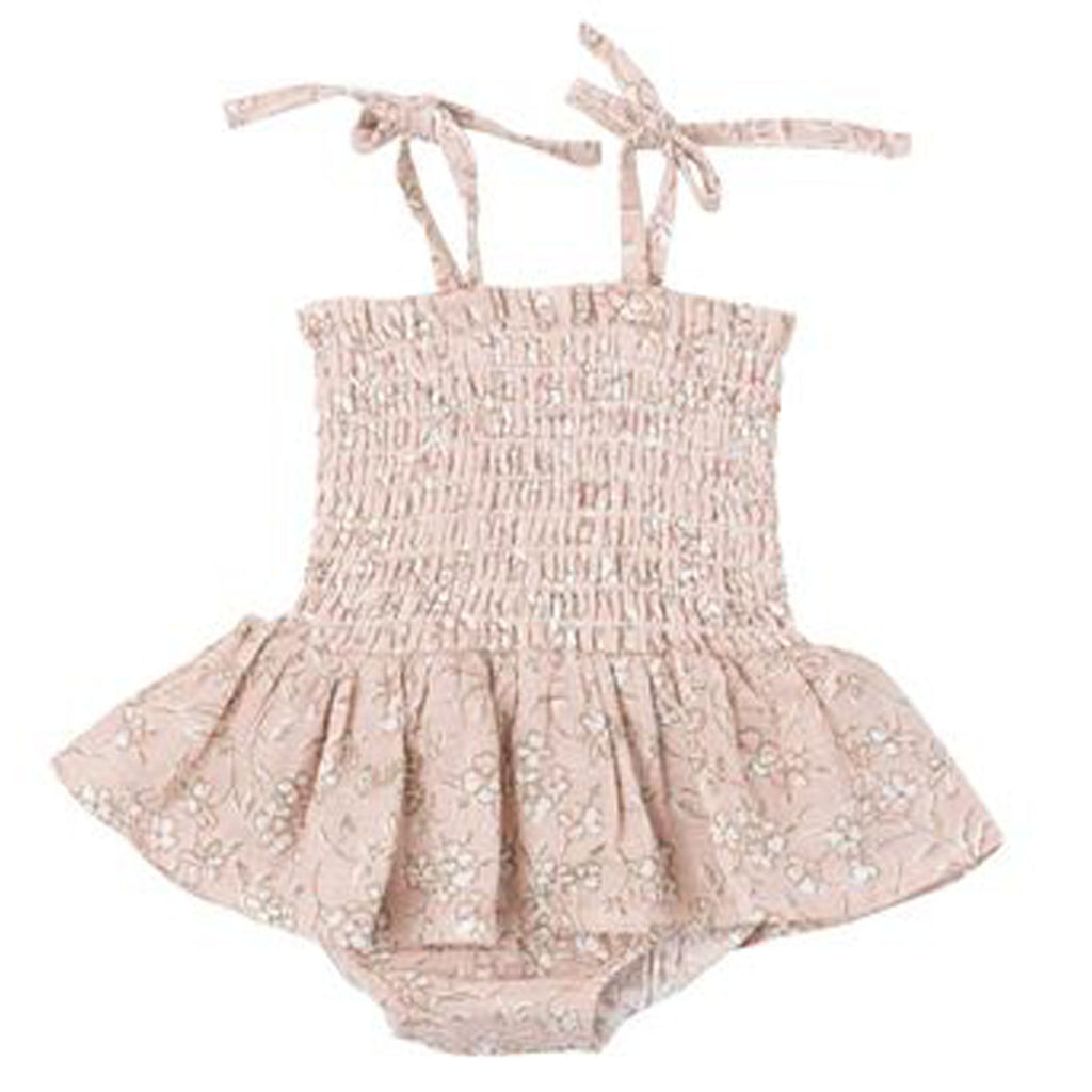 Organic Smocked Bubble With Skirt - Baby's Breath Floral-OVERALLS & ROMPERS-Angel Dear-Joannas Cuties