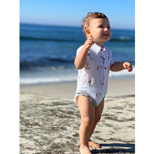 Boys Helford Terracotta Seersucker SS Onesie by Me & Henry