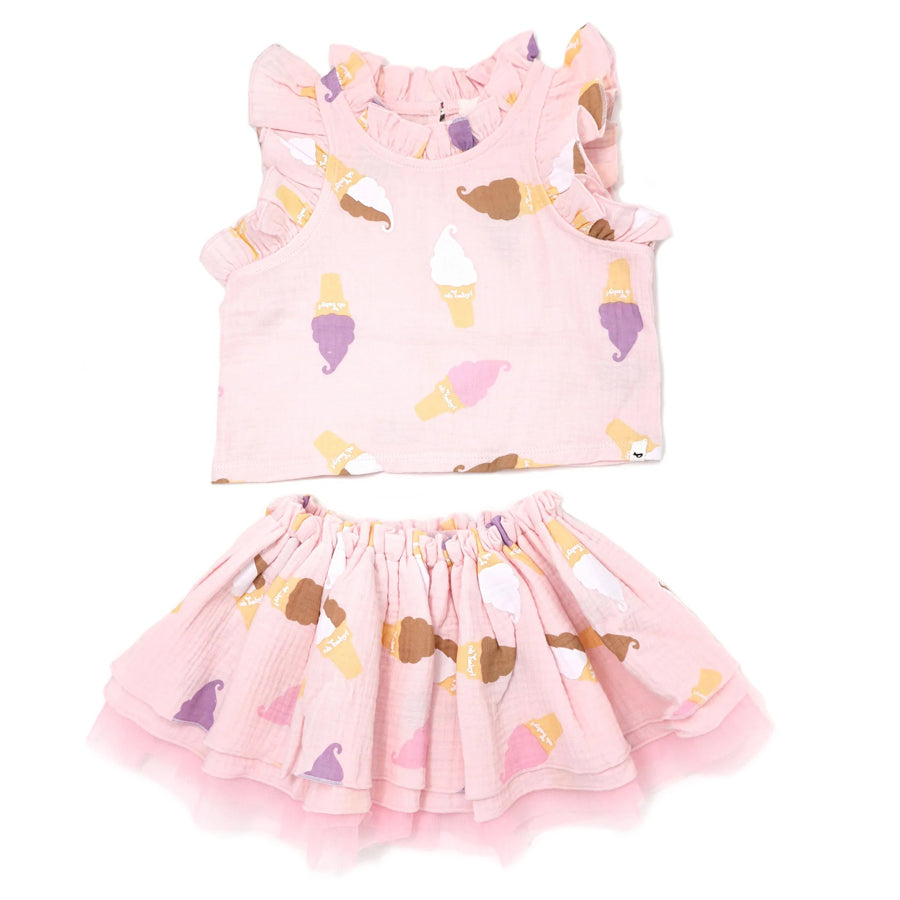 Gauze Lola Top & Tutu Skirt Set - Soft Serve Ice Cream Print - Pale Pink-OUTFITS-Oh Baby-Joannas Cuties