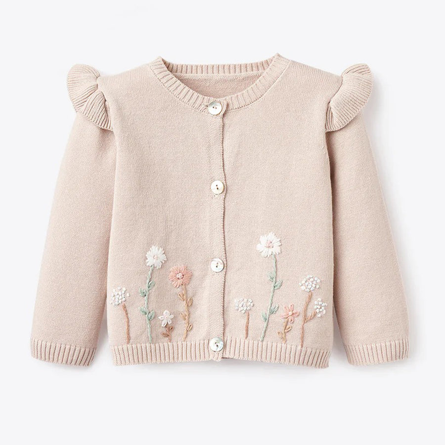 Taupe Flutter Sleeve Hand - Embroidered Cardigan-CARDIGANS & SWEATERS-Elegant Baby-Joannas Cuties