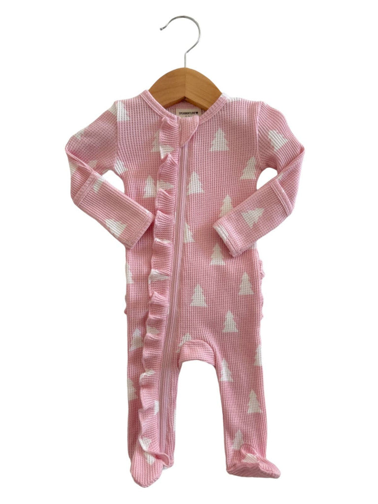 Organic Waffle Ruffle Zip Footie - Pink Christmas Trees