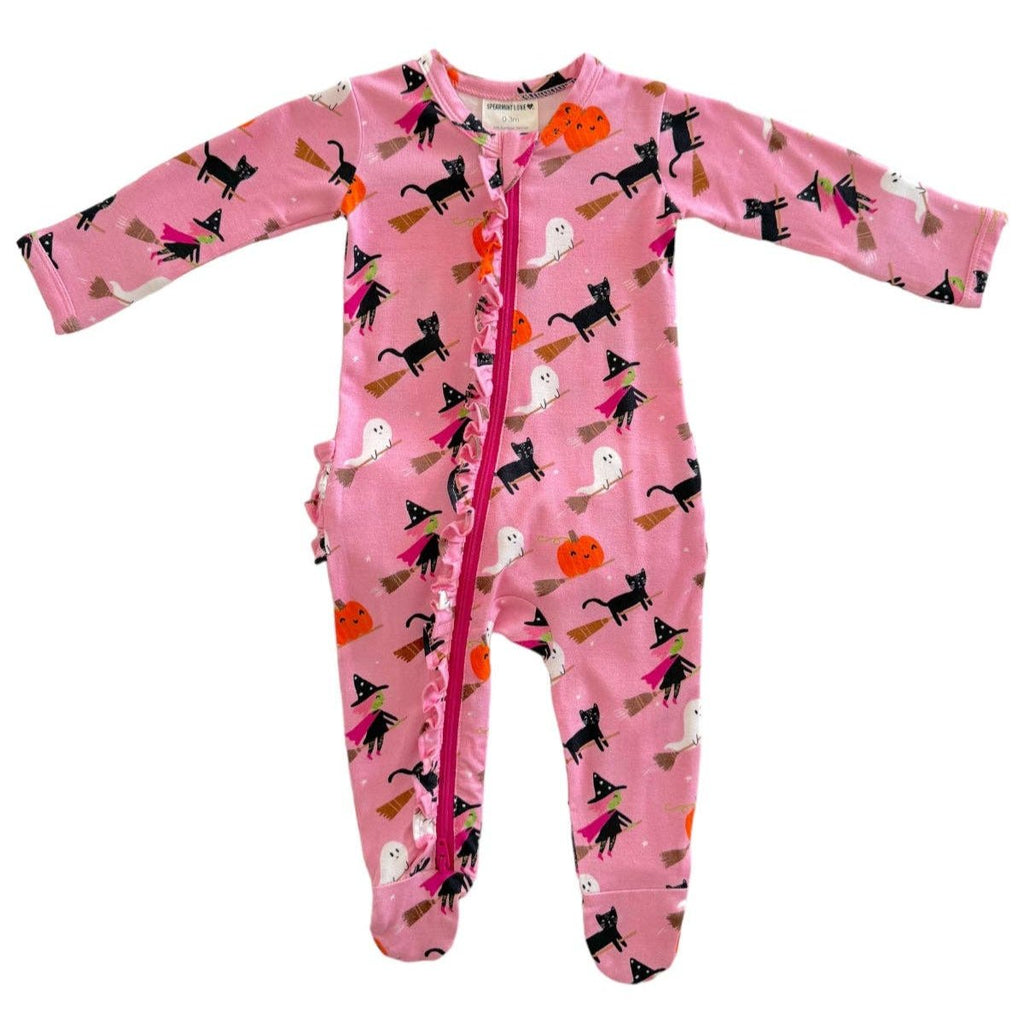 2-Way Ruffle Zip Footie - Broomstick Friends Pink