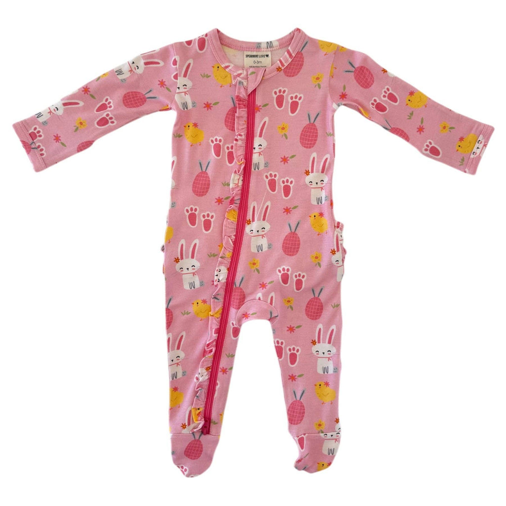 2-Way Ruffle Zip Footie, Pink Easter Bunny