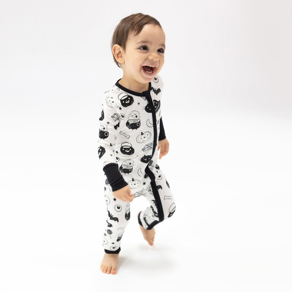 2 Way Zipper Romper - Black And White Halloween