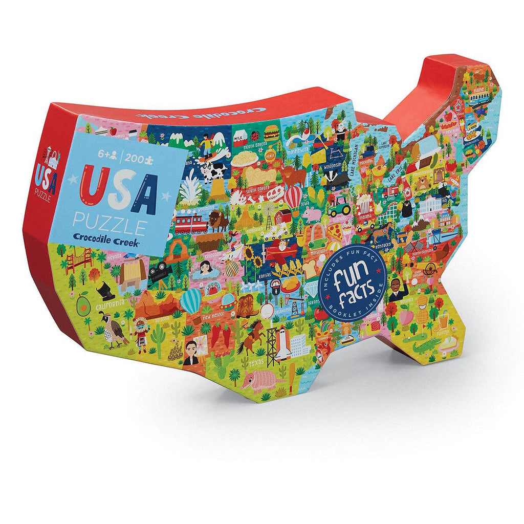 USA-shaped puzzle box with colorful illustrations on a white background