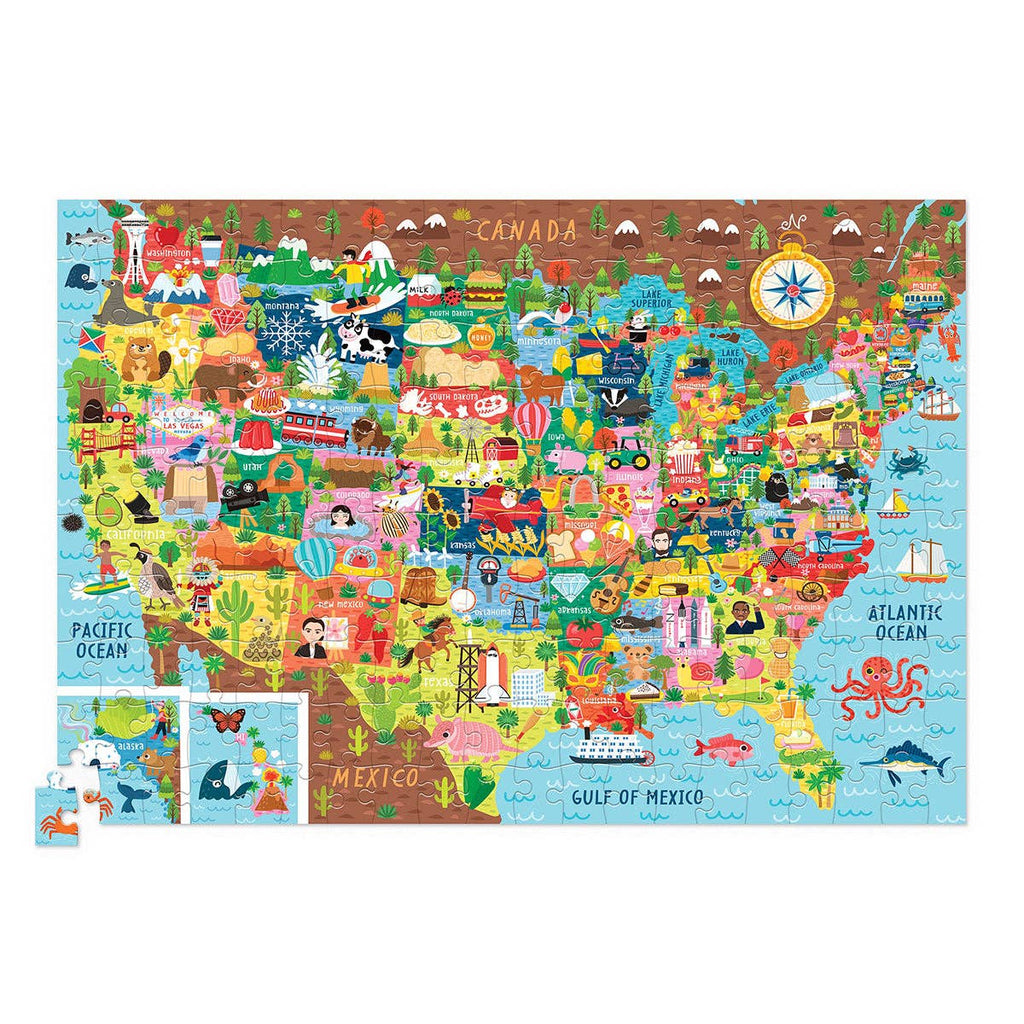 Colorful map of the United States with various symbols and a puzzle piece on a white background