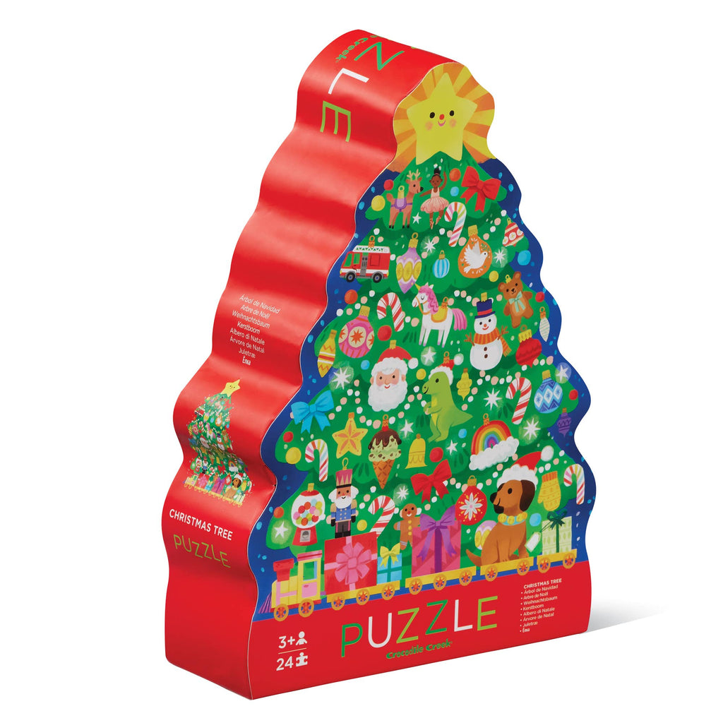 Christmas tree-shaped puzzle box with colorful illustrations on a white background