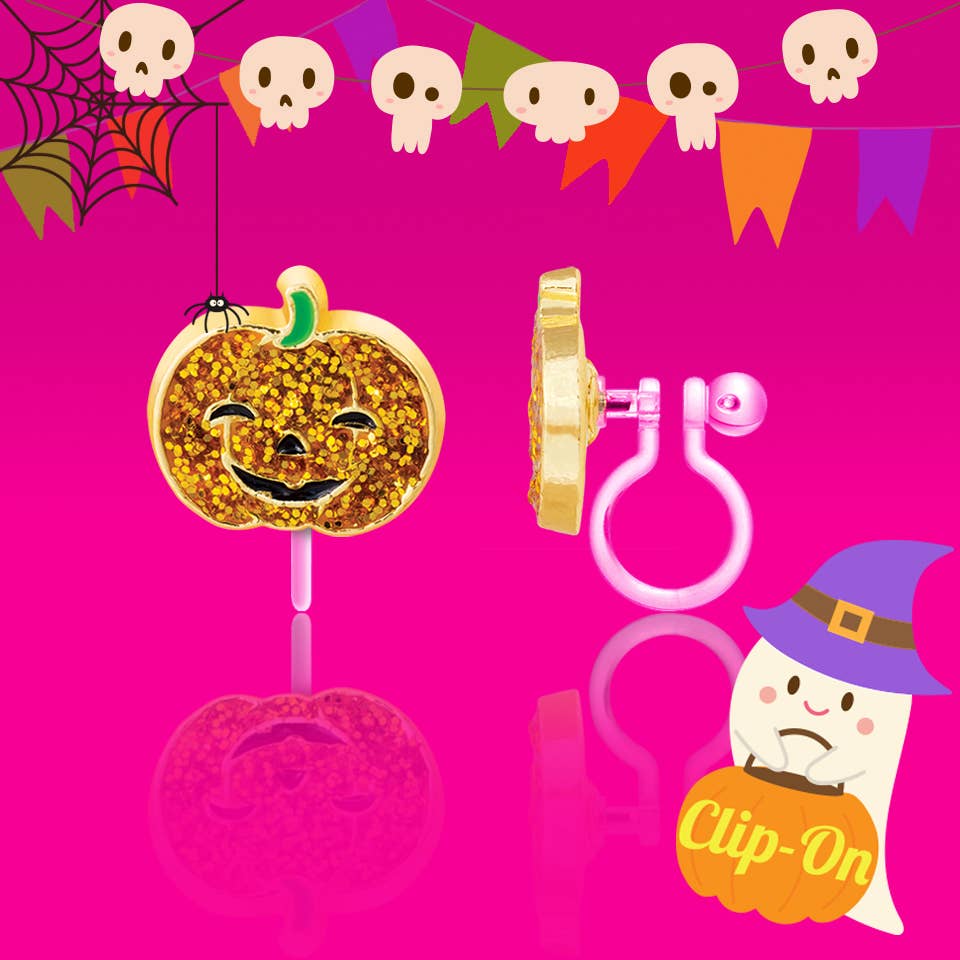 Halloween Glitter Pumpkin Clip On Earrings for Girls