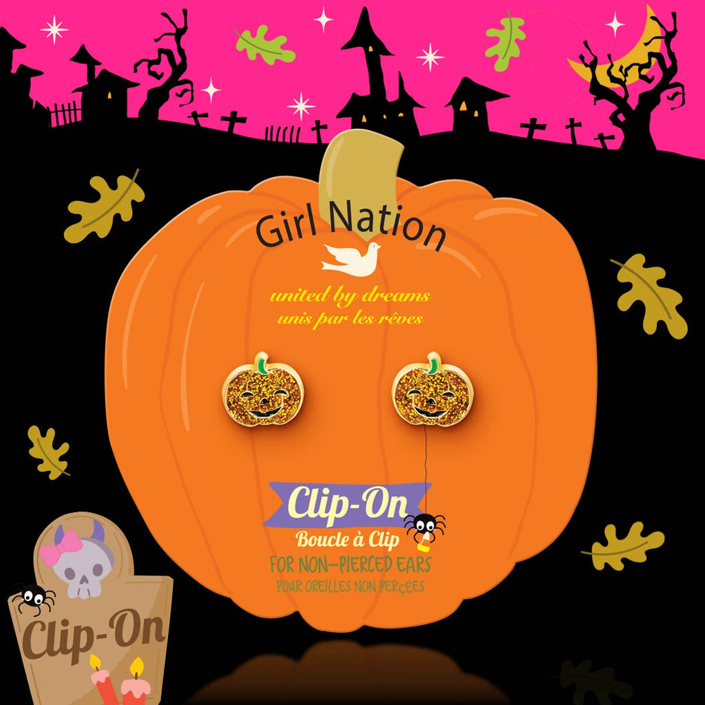 Halloween Glitter Pumpkin Clip On Earrings for Girls