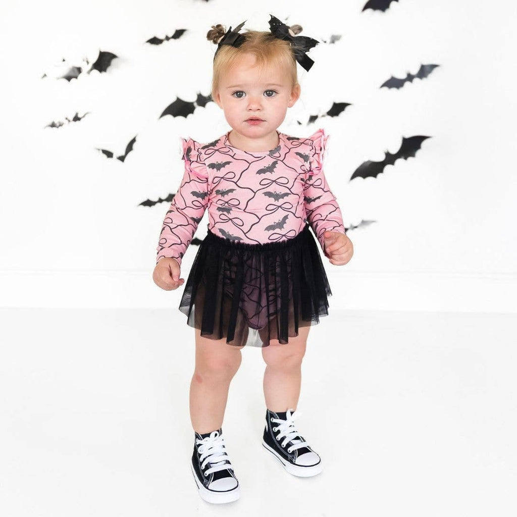 Bat Trellis Printed Halloween Short Sleeve Tutu Bodysuit