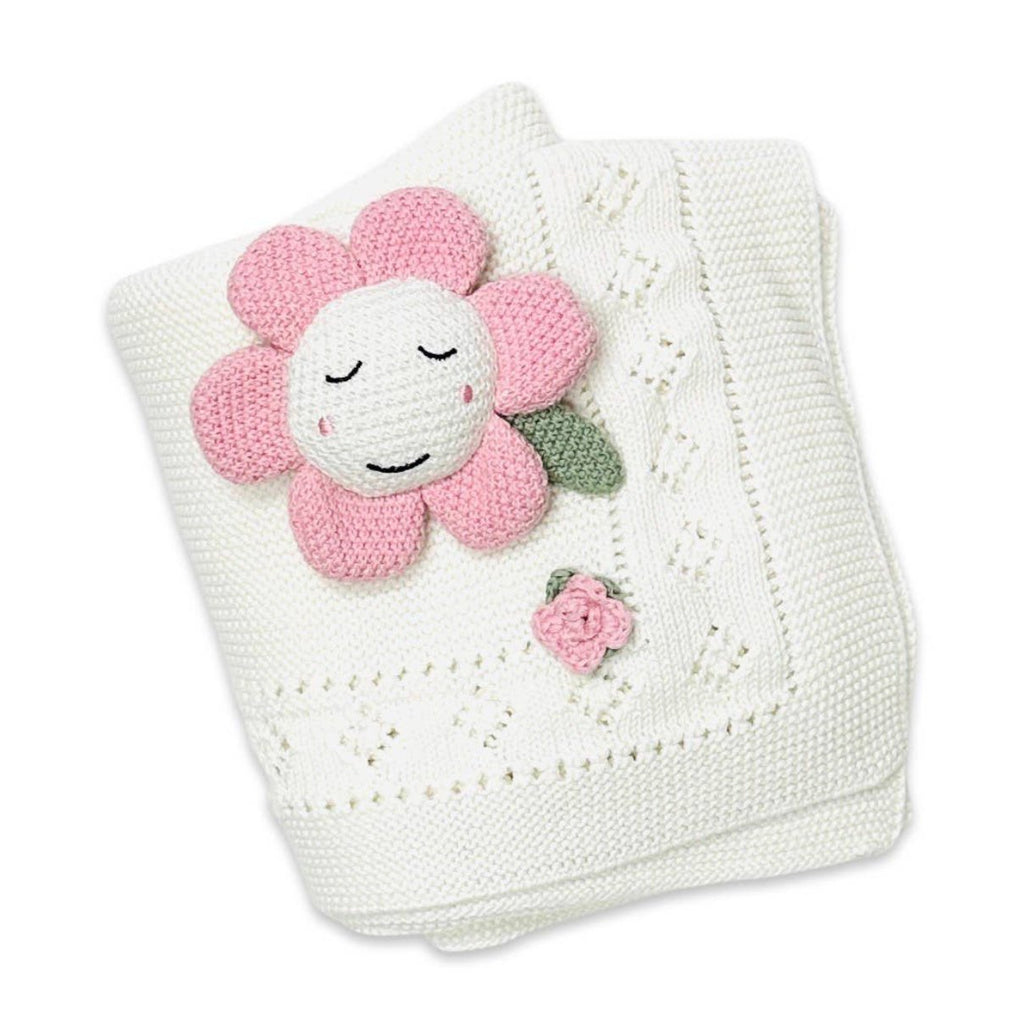 Flower Pointelle Knit Baby Blanket & Flower Rattle Gift Set