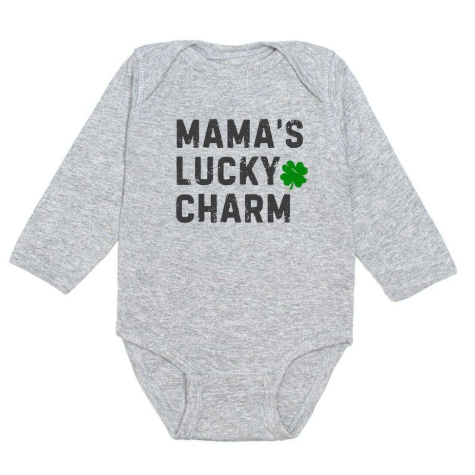 Mama's Lucky Charm St. Patrick's Day Long Sleeve Bodysuit - Gray