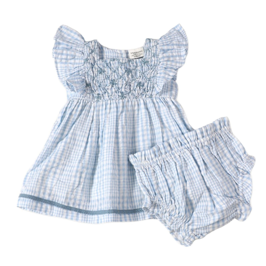 Anna Hand Smocked Seersucker Baby Dress+Bloomer
