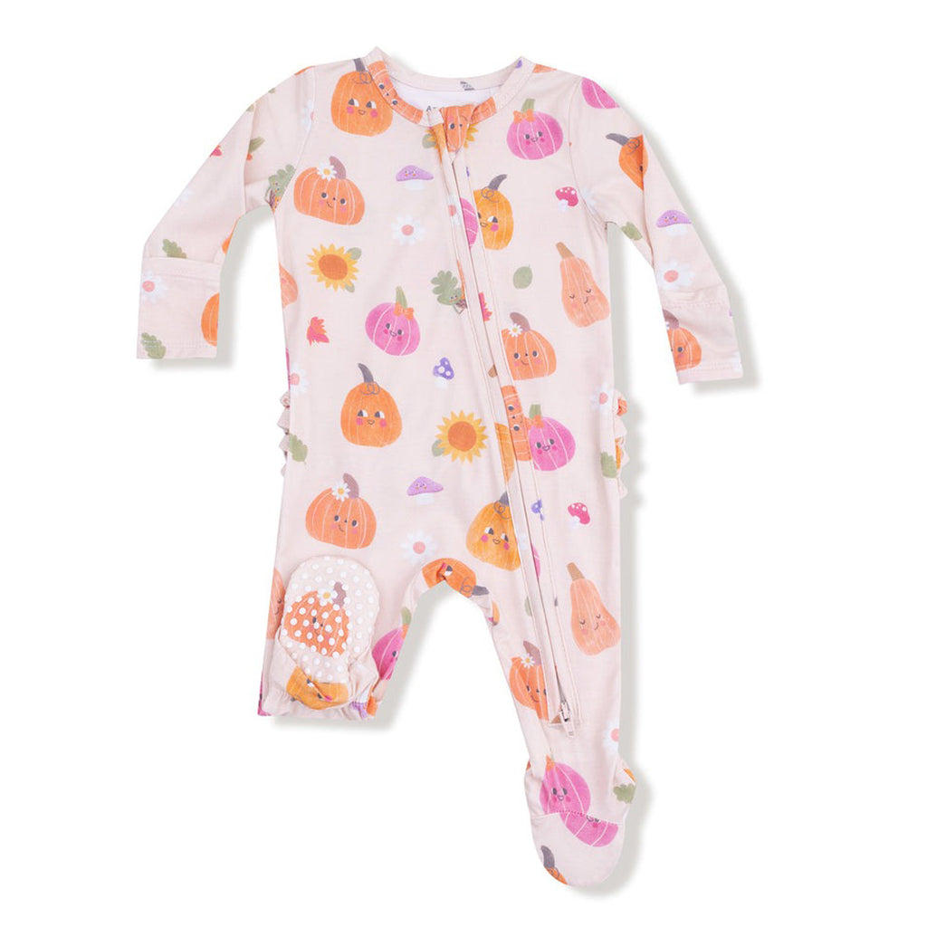 Autumn Pumpkins - Pink 2 Way Zipper Ruffle Back Footie