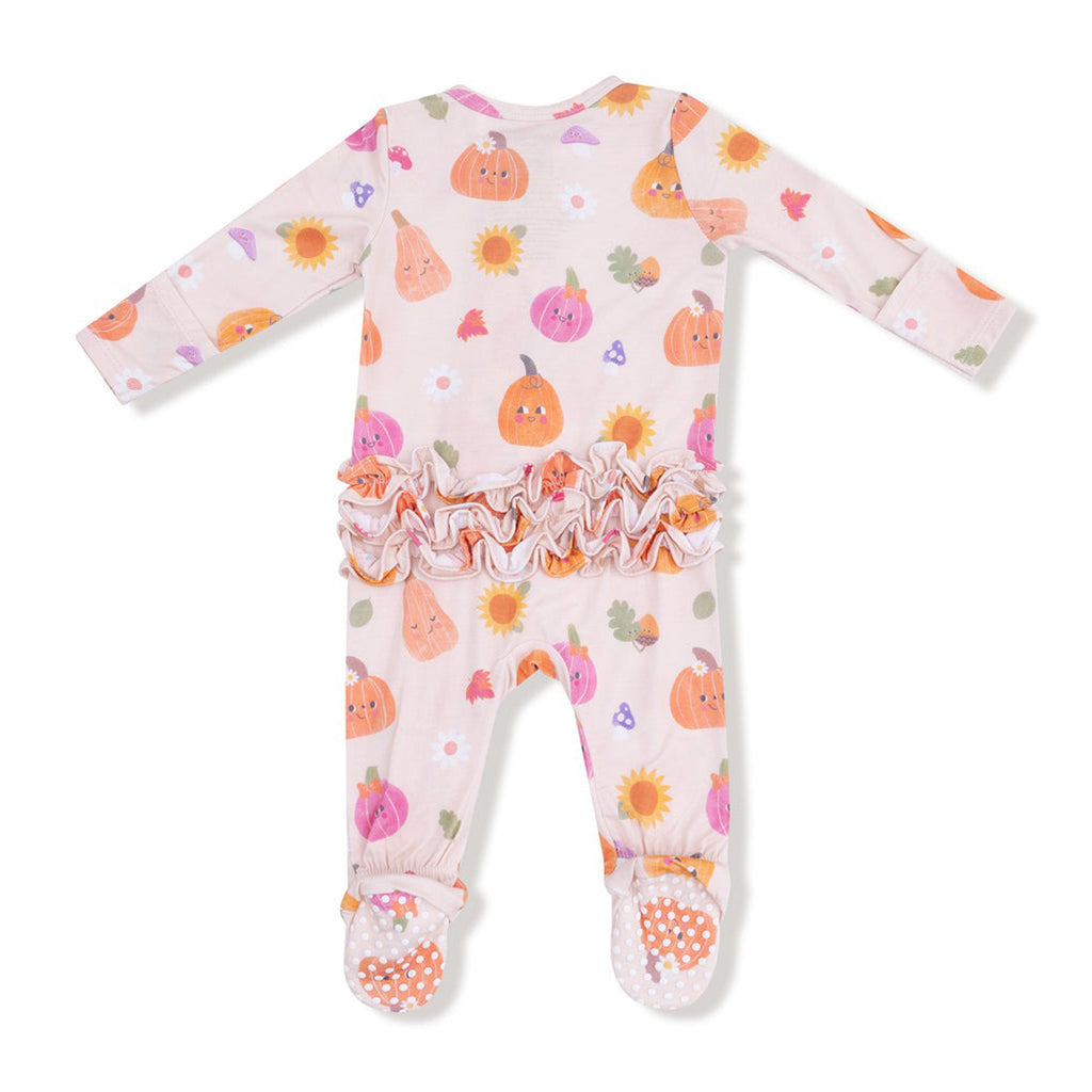 Autumn Pumpkins - Pink 2 Way Zipper Ruffle Back Footie