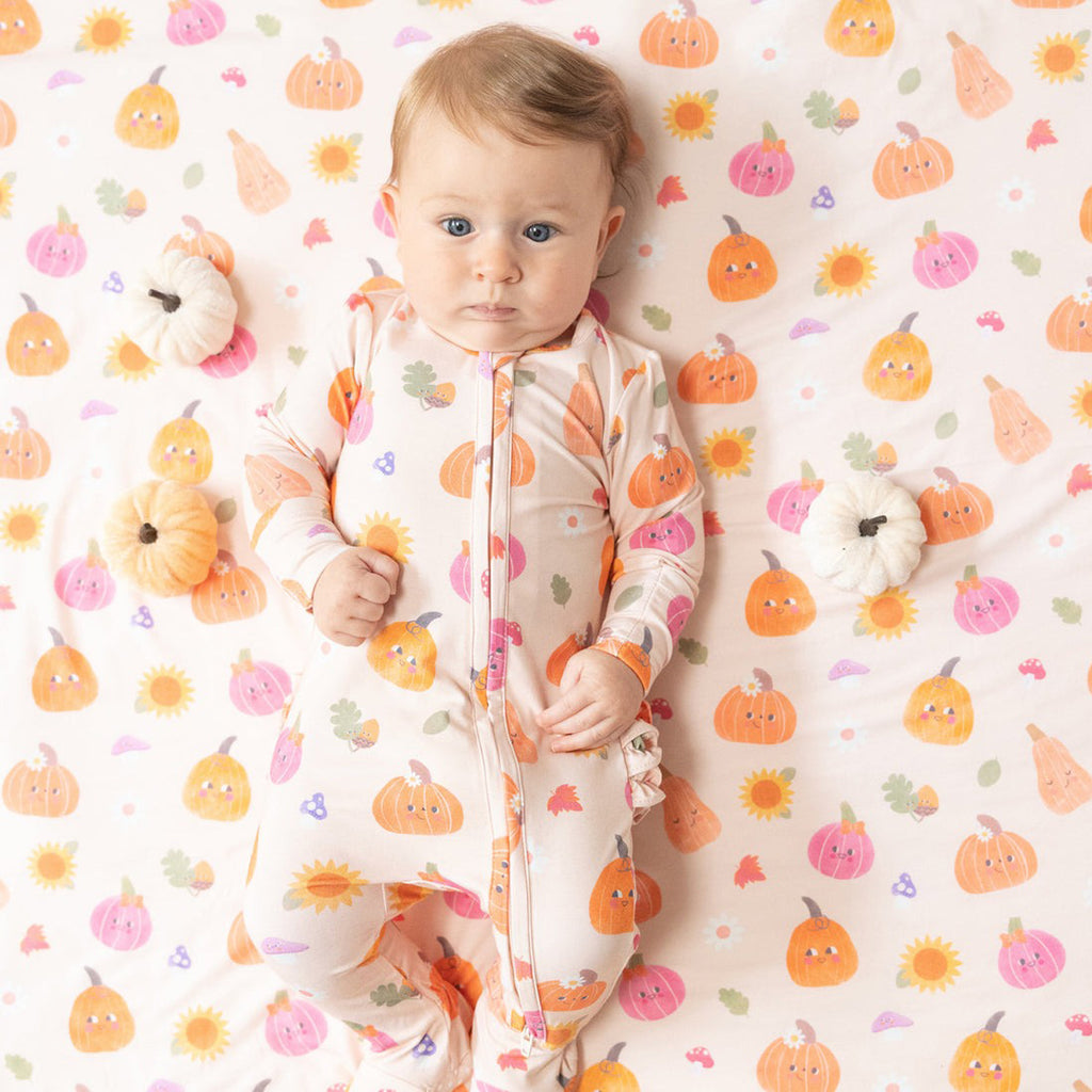 Autumn Pumpkins - Pink 2 Way Zipper Ruffle Back Footie