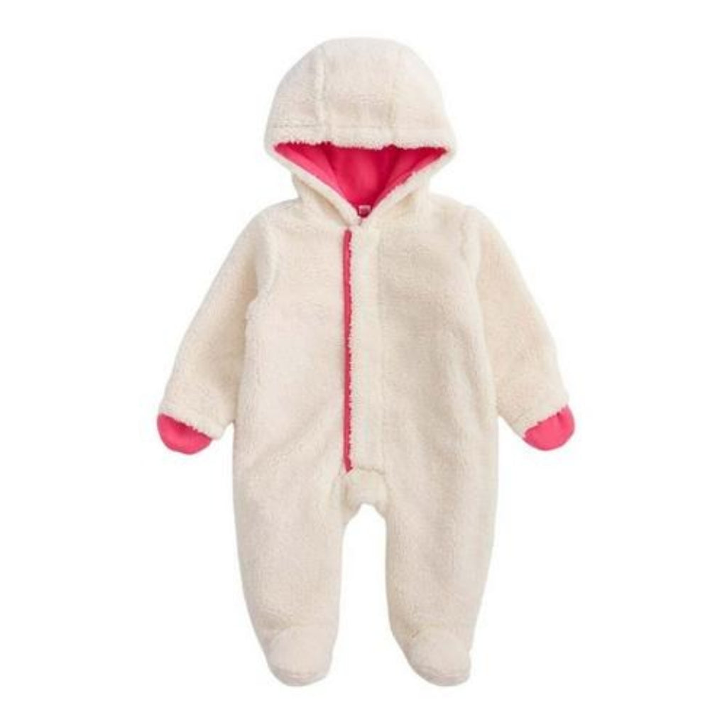 White baby snowsuit with red interior and cuffs on a white background
