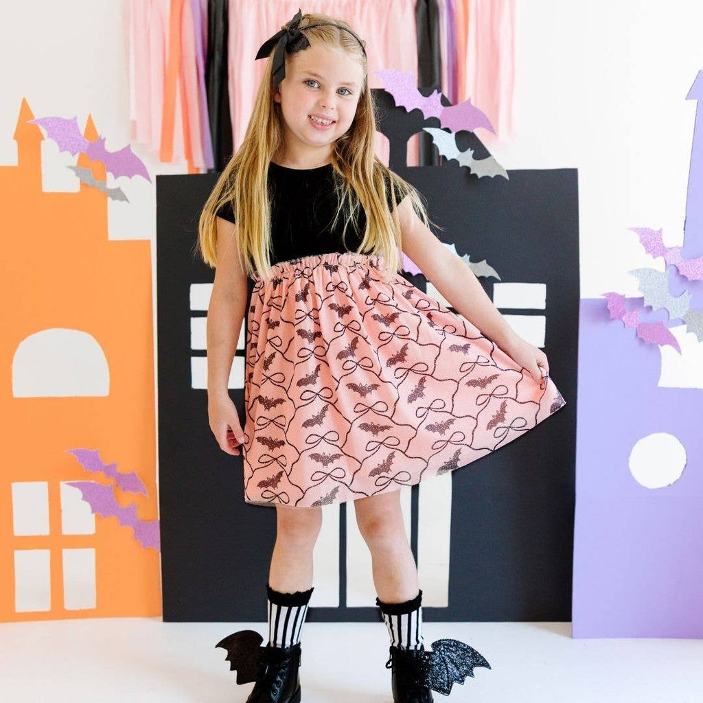Bat Trellis Halloween Short Sleeve Tutu Dress Kids Clothing