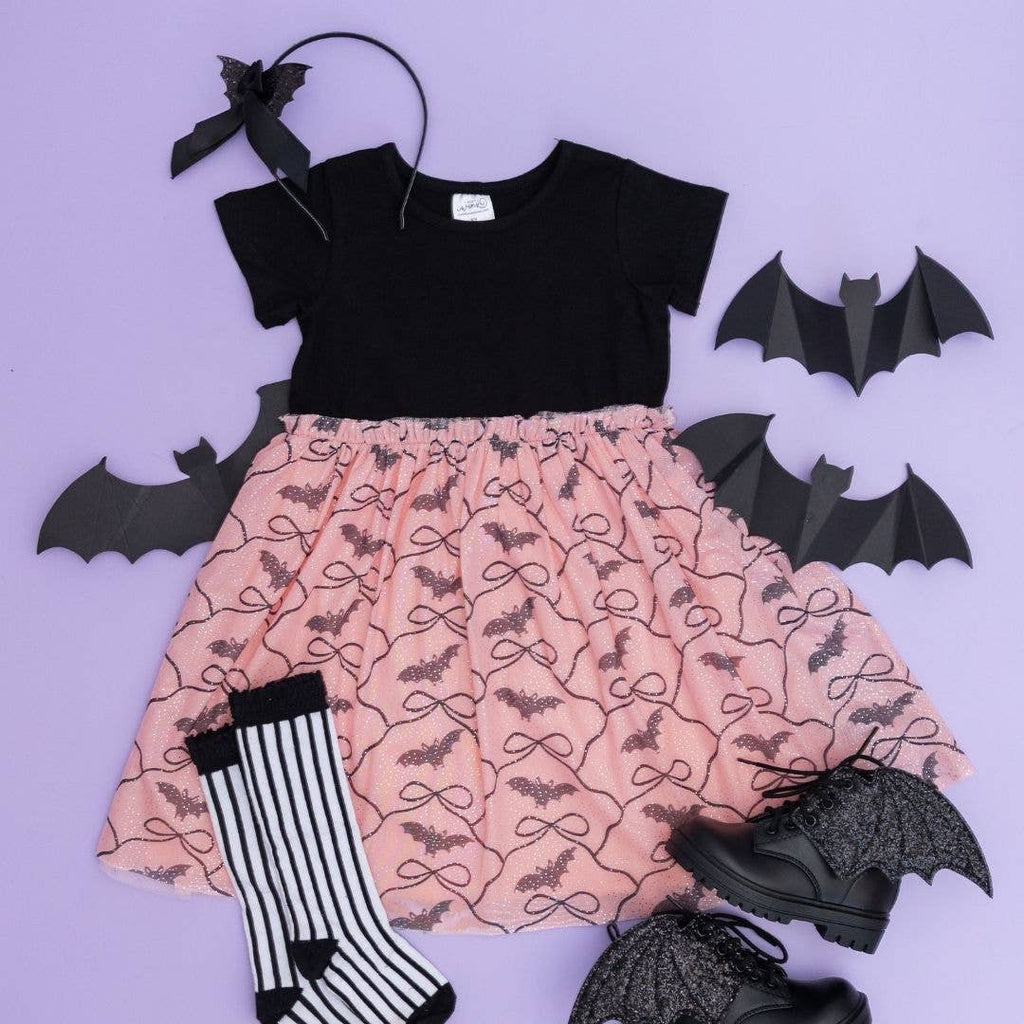 Bat Trellis Halloween Short Sleeve Tutu Dress Kids Clothing