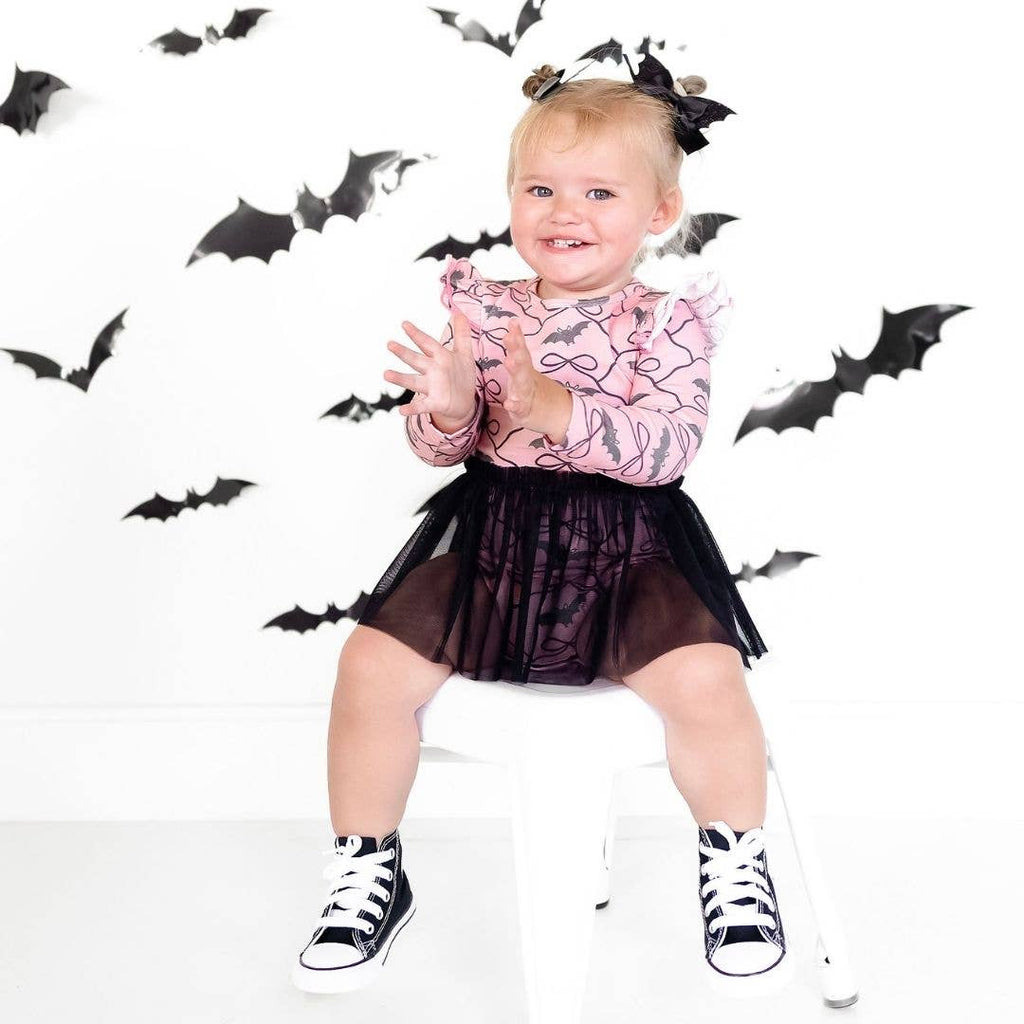 Bat Trellis Printed Halloween Short Sleeve Tutu Bodysuit