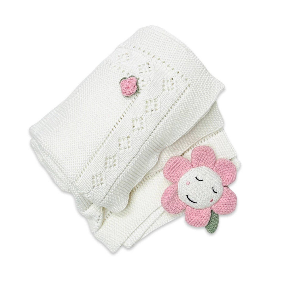 Flower Pointelle Knit Baby Blanket & Flower Rattle Gift Set