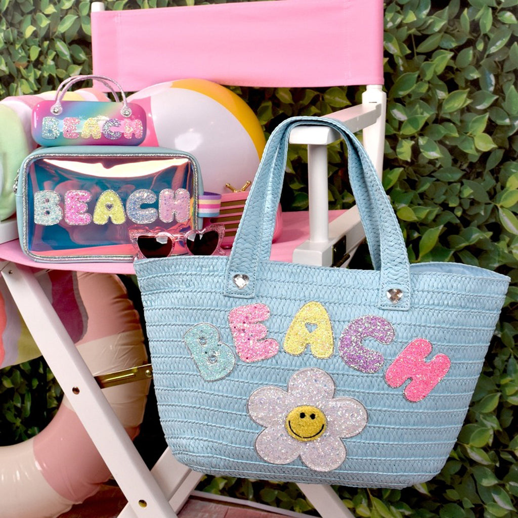 Beach Daisy Blue Straw Tote Bag