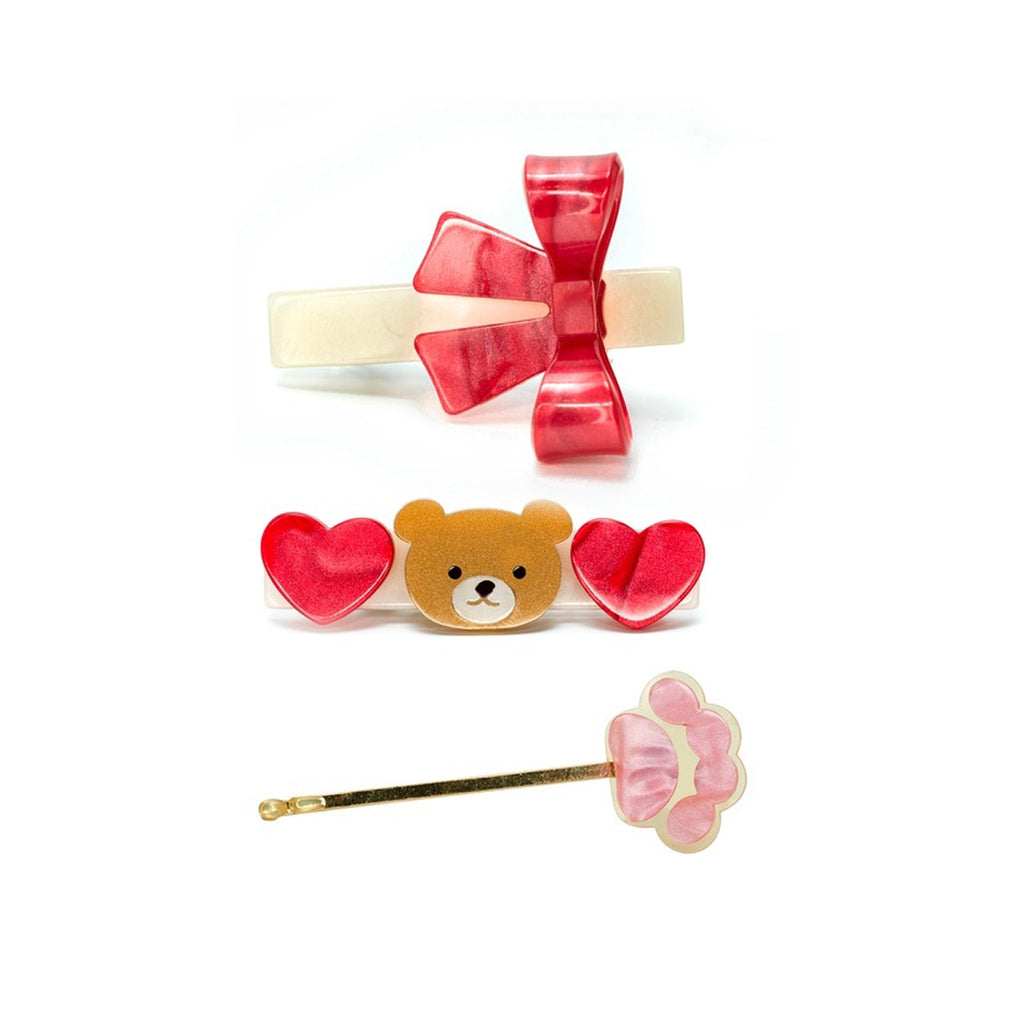 Bear Hearts Red & Bow Hair Clips Set-HAIR CLIPS-Lilies & Roses-Joannas Cuties