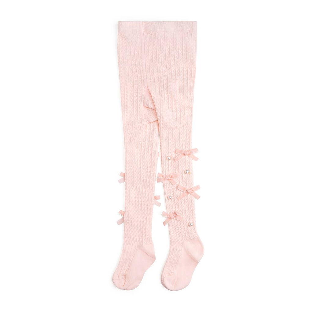 Pink tights with bow details on a white background