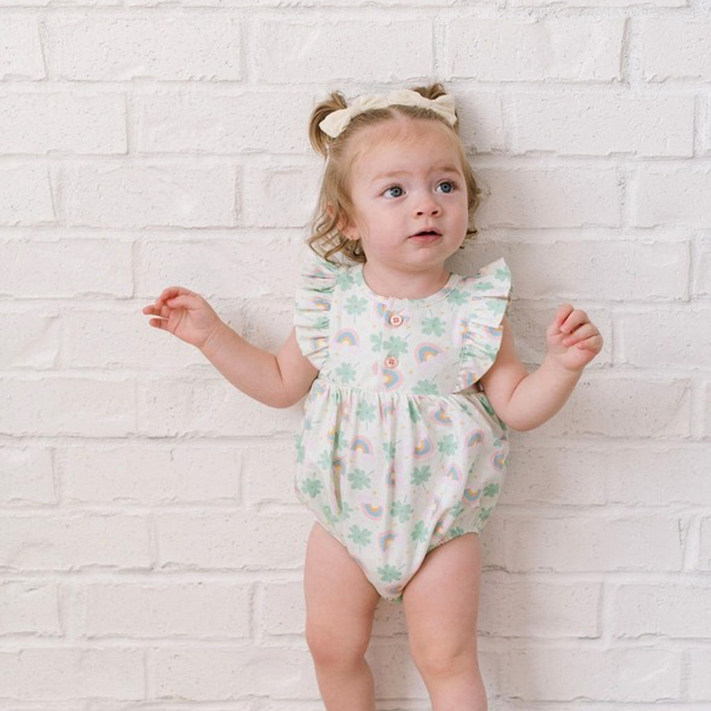 Betsy Romper in Lucky - Baby Bubble - St. Patricks Day-OVERALLS & ROMPERS-Ollie Jay-Joannas Cuties
