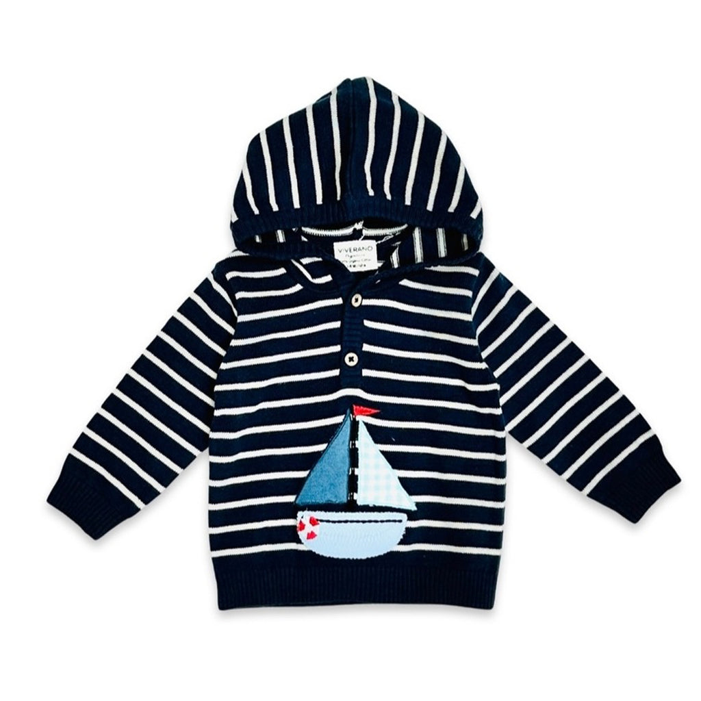 Boat Applique Hooded Baby Knit Pullover