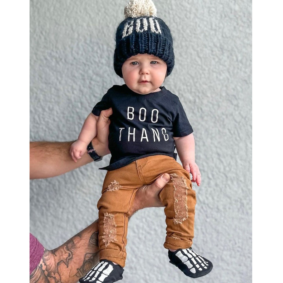 Boo Black Hand Knit Halloween Beanie Hat-HATS & SCARVES-Huggalugs-Joannas Cuties