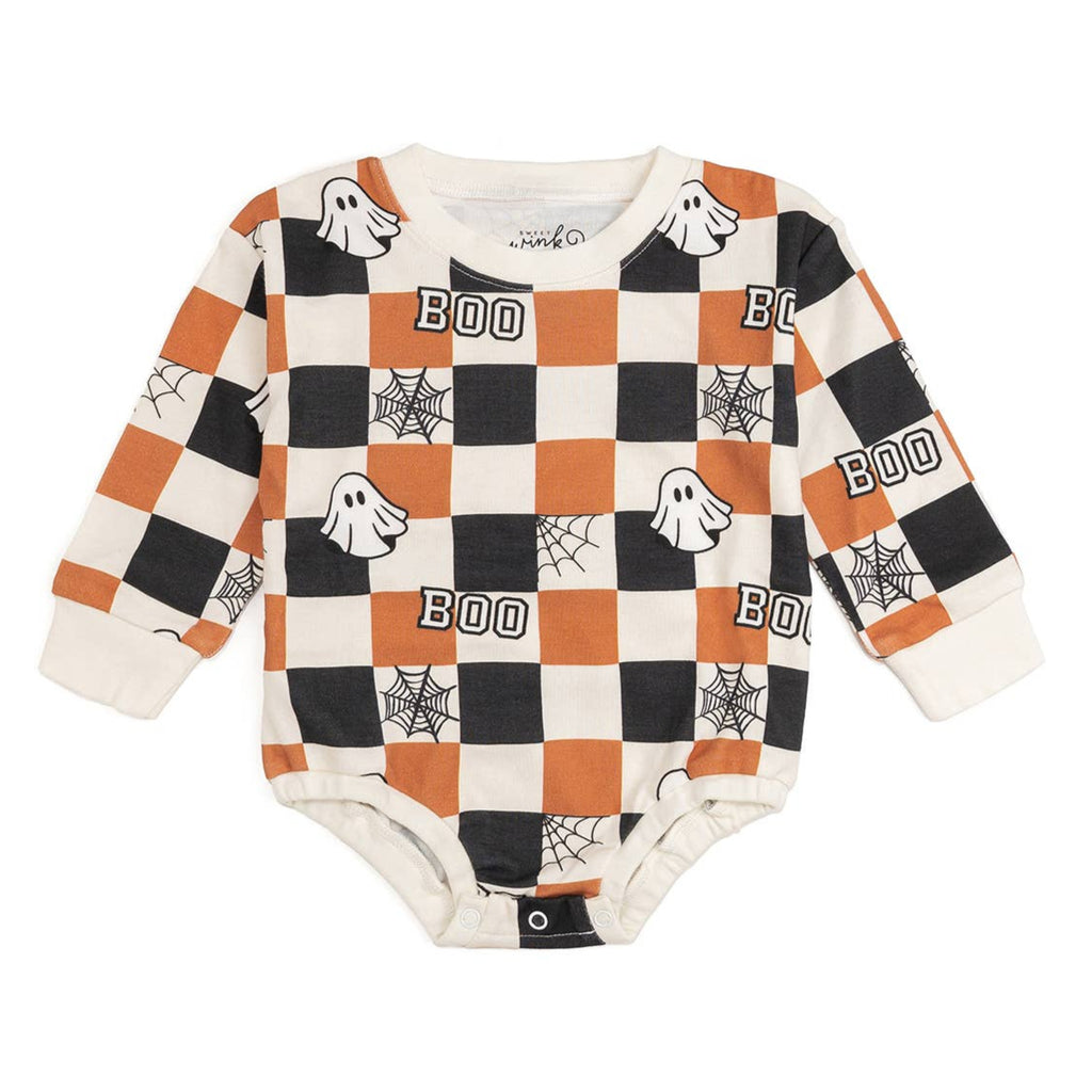 Boo Checkered Halloween Long Sleeve Romper