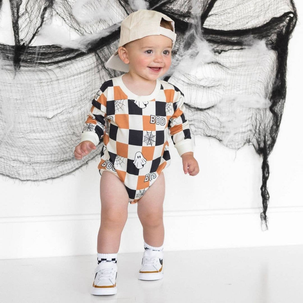 Boo Checkered Halloween Long Sleeve Romper