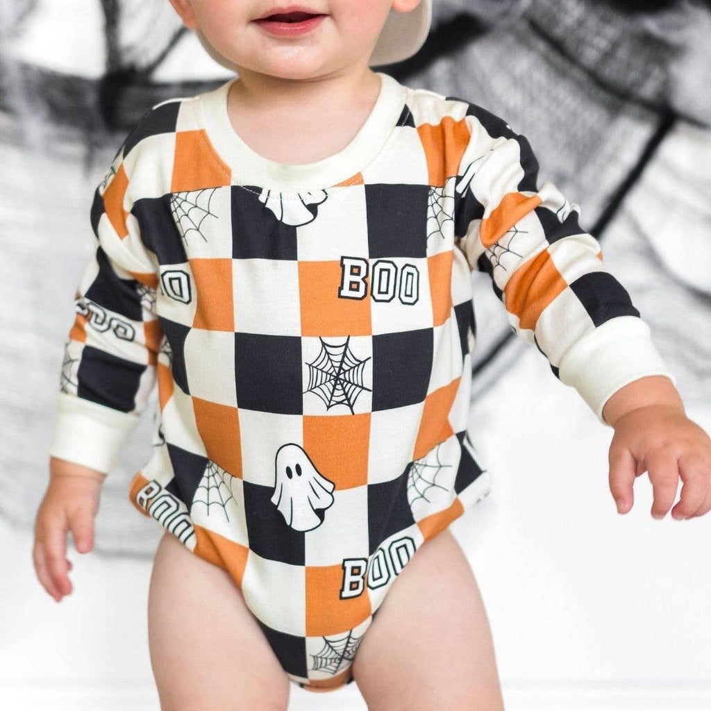 Boo Checkered Halloween Long Sleeve Romper