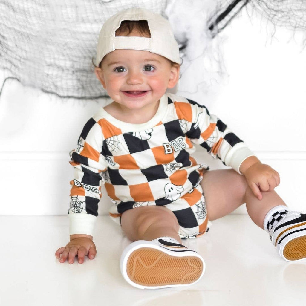 Boo Checkered Halloween Long Sleeve Romper