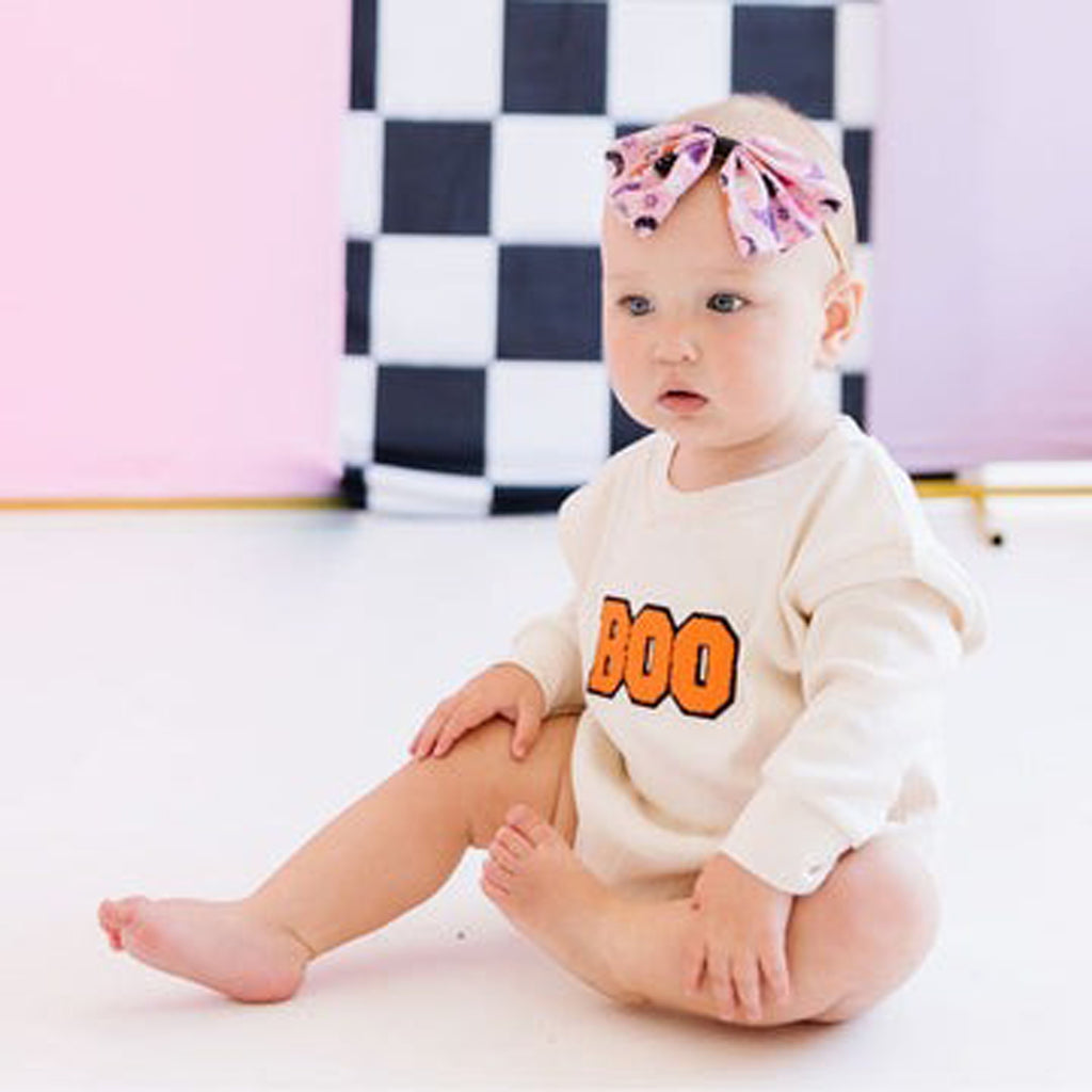 Boo Patch Halloween Long Sleeve Romper - Natural