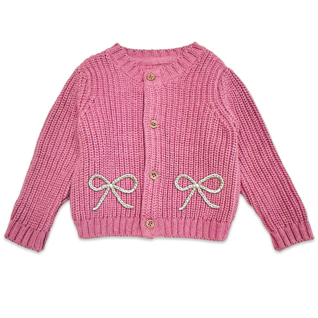 Bow Embroidered Chunky Knit Slouchy Baby Cardigan Sweater