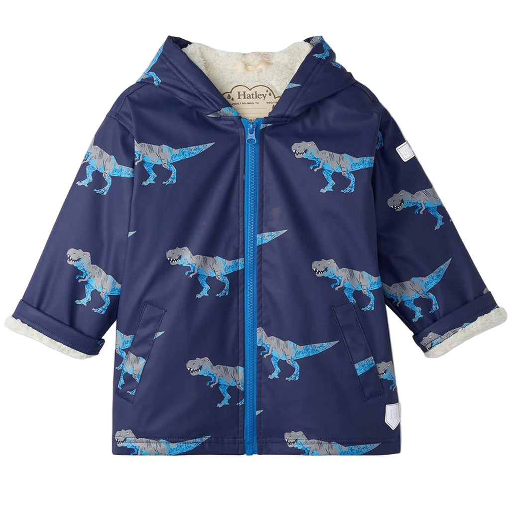 Boys T-Rex Attack Sherpa Lined Zip-Up Rain Jacket