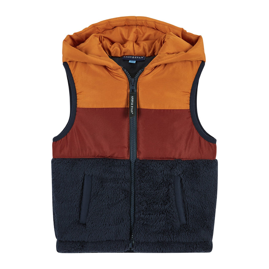 Burnt Orange & Navy Colorblocked Sherpa Puffer Vest - Orange
