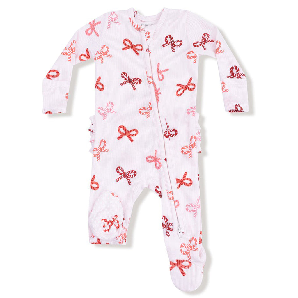 Candy Cane Bows - 2 Way Zipper Ruffle Back Footie
