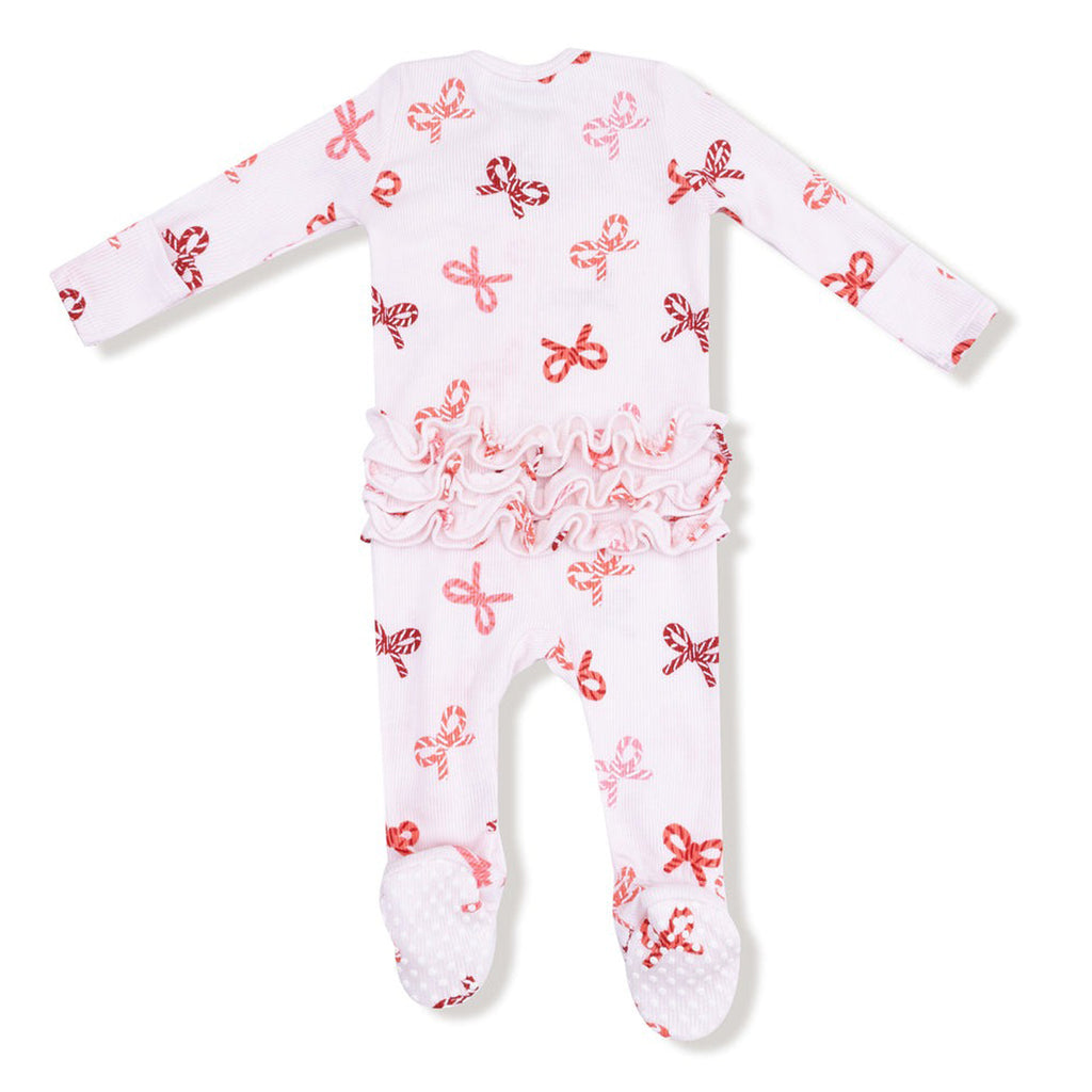 Candy Cane Bows - 2 Way Zipper Ruffle Back Footie