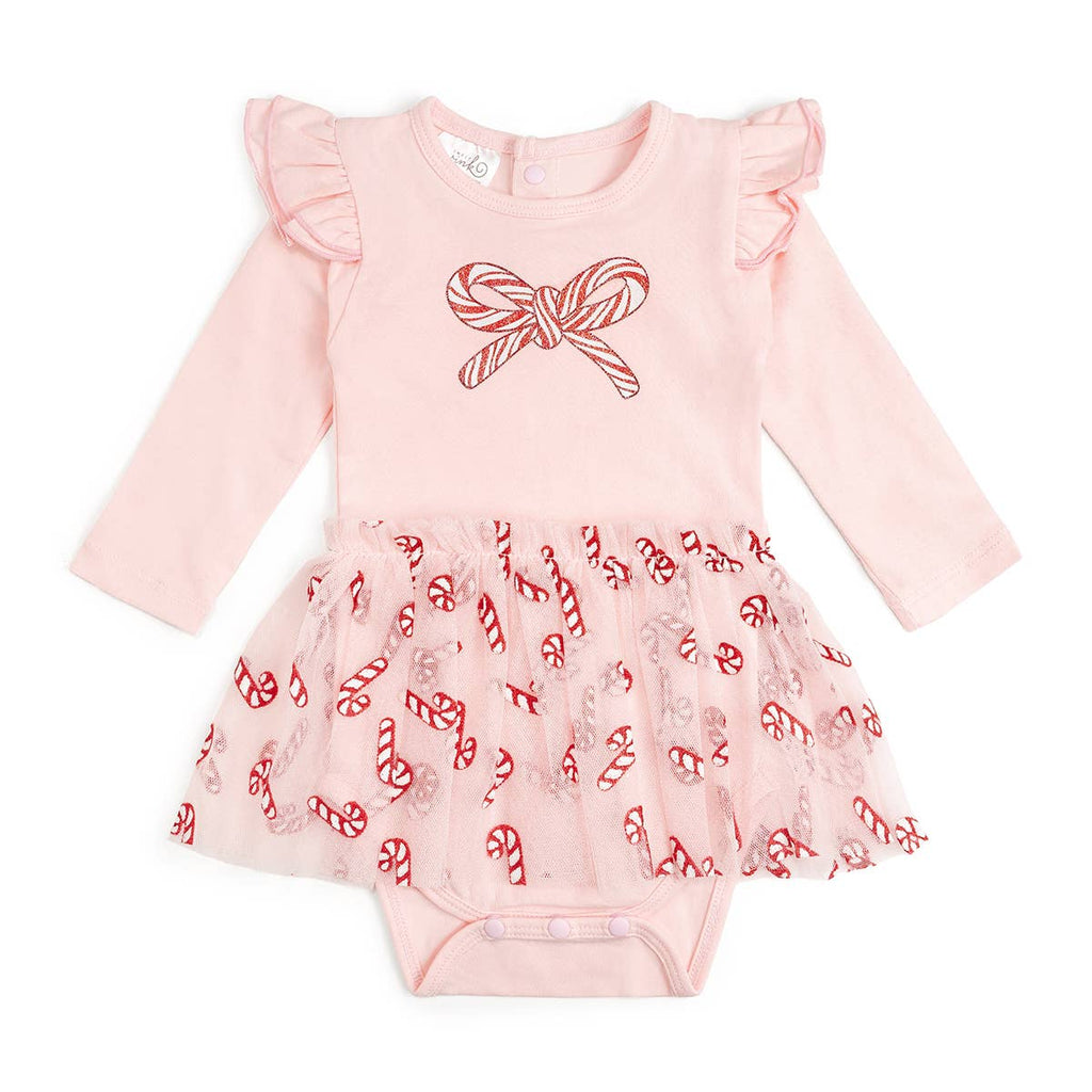 Pink baby dress with red candy cane pattern on a white background