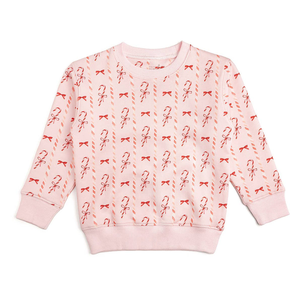 Pink sweatshirt with candy cane and bow pattern on a white background